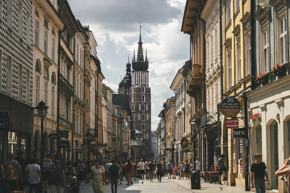 street and  tower in Krakow, Poland